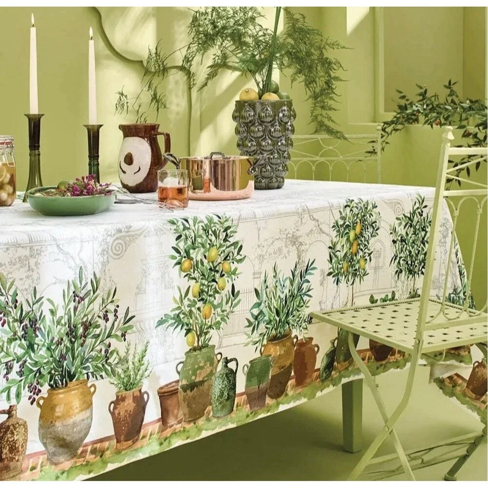 Garnier Thiebaut Linen/Cotton Rectangle Tablecloth w/Napkins Olive Lemon 61”x89”